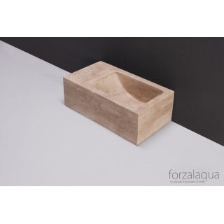 Forzalaqua Stein Waschbecken, VENETIA XS TRAVERTIN MATT GESCHLIFFEN 29X16X10CM, L mit Hahnloch